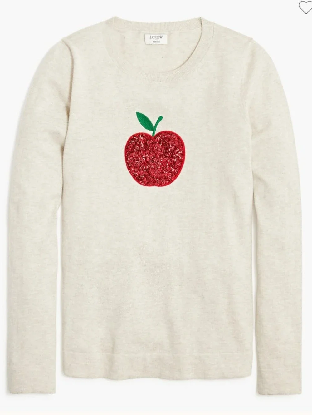 J. Crew Teddie Cotton Crewneck Sweater Red Sequin Apple Size Large EUC